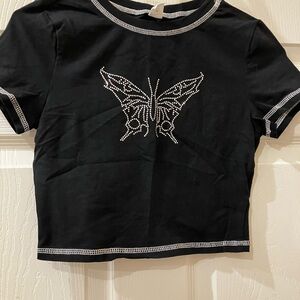 SHEIN Black Tee with Rhinestone Butterfly
